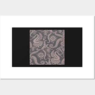 Tan on Grey Classy Medieval Damask Swans Posters and Art